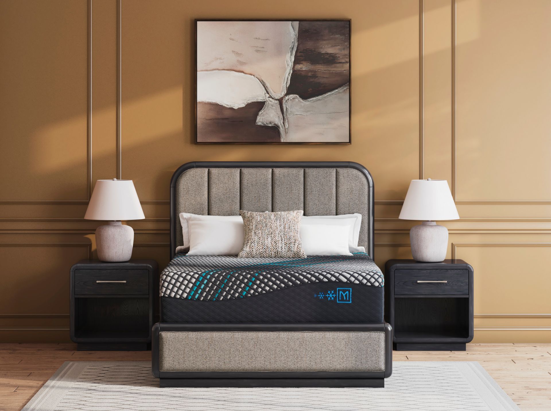 Bedroom with a bed, nightstands, lamps, and artwork. Brown walls with a gray upholstered headboard.