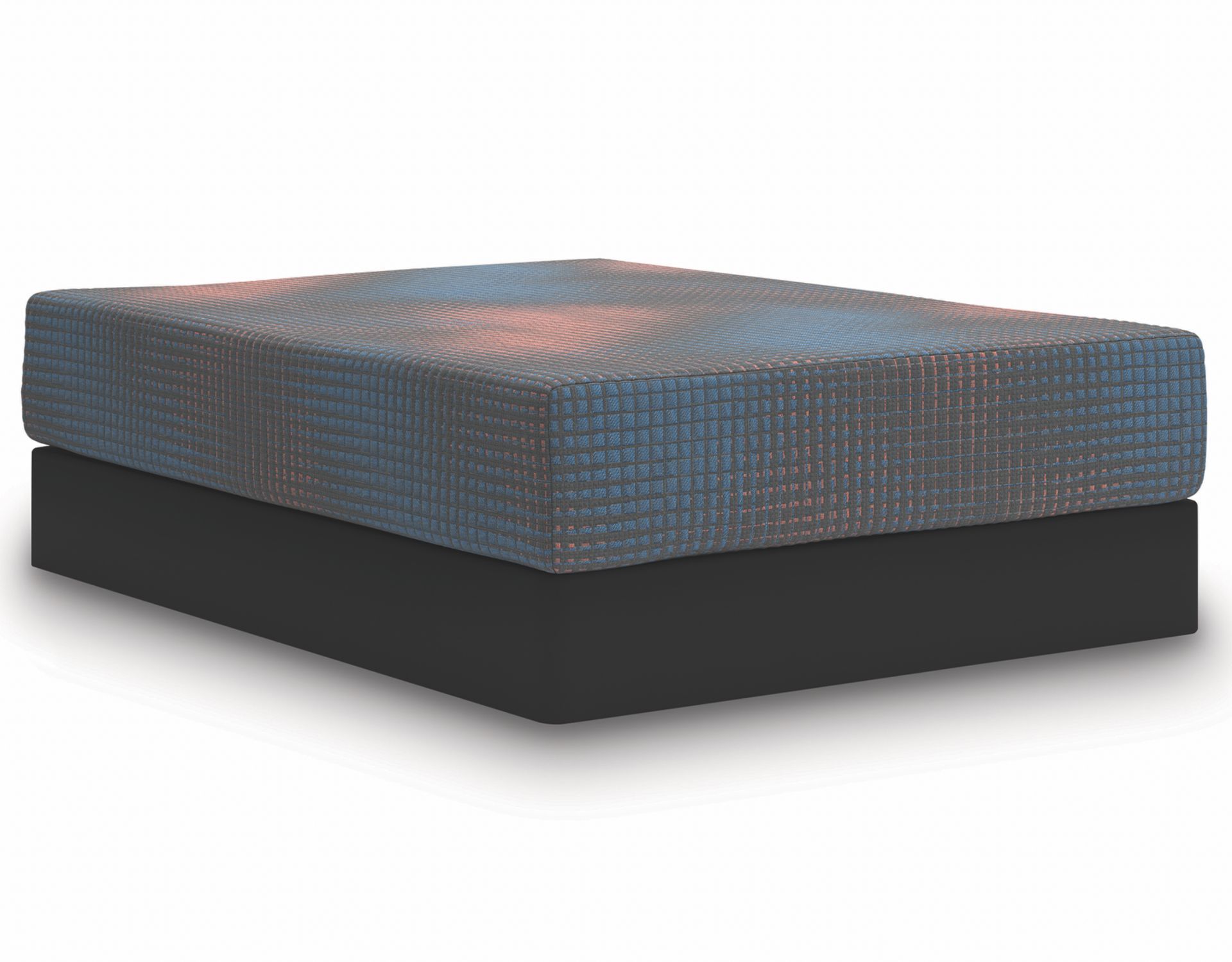 A mattress with a patterned blue and orange top on a black base.