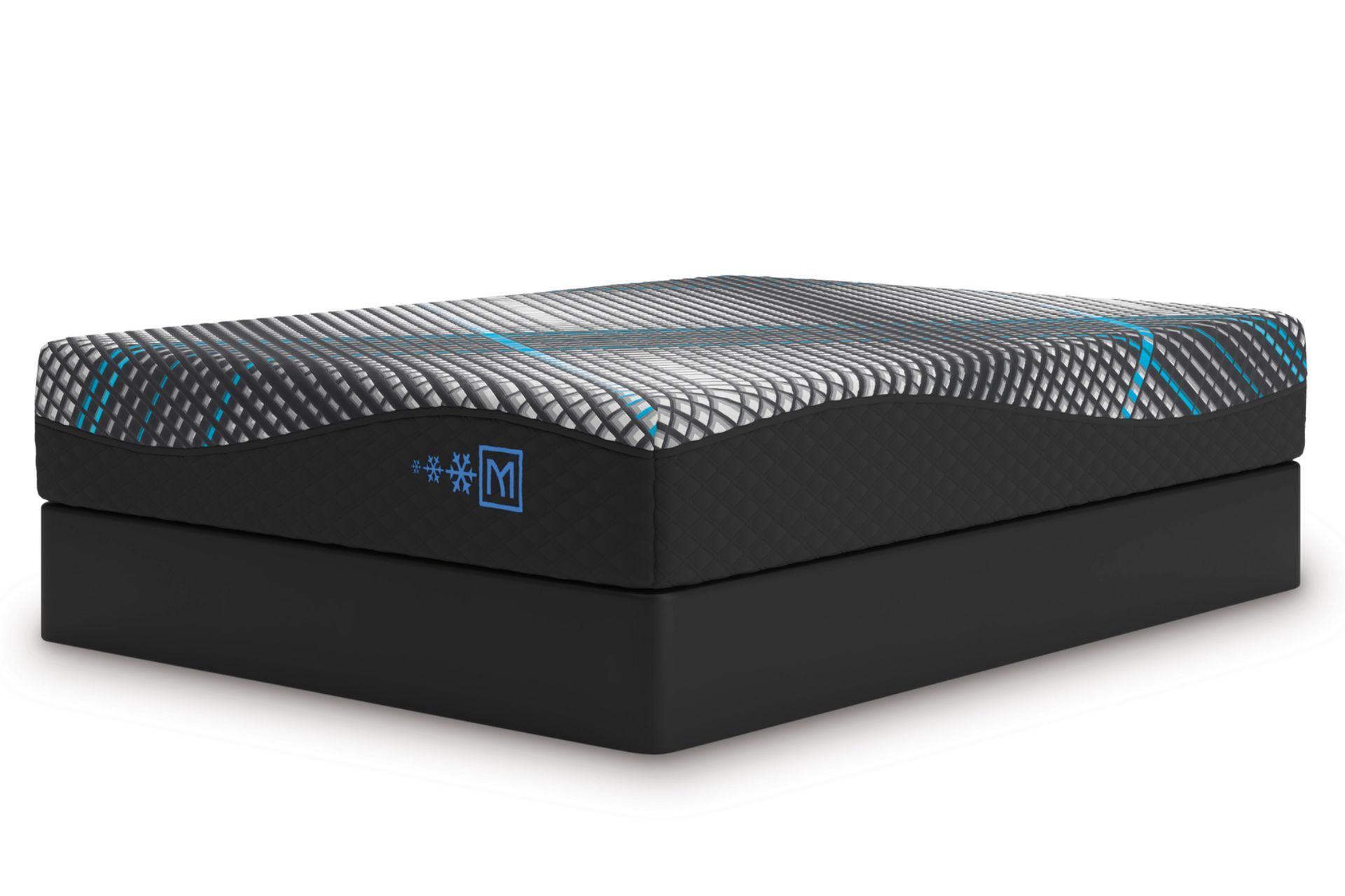 Black and teal mattress with patterned top on black base.