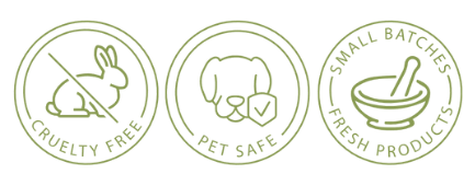 Four green circular icons: Cruelty Free, Paraben Free, Small Batches Fresh Products, and Gluten Free.