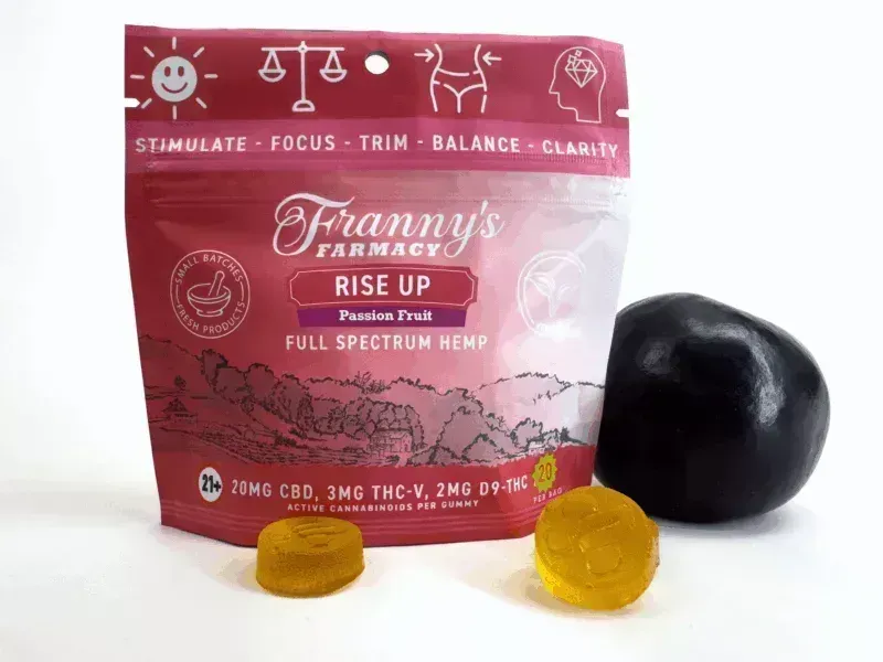 A bag of Franny's Farmacy Rise Up passion fruit full spectrum hemp CBD and d-9 THC gummies