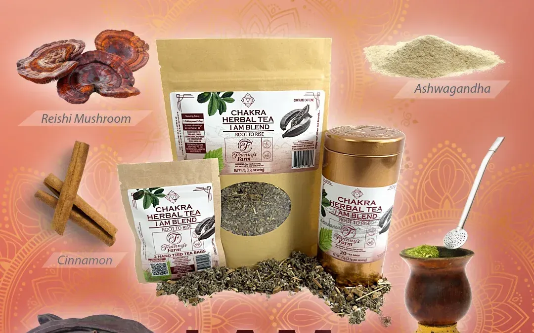 herbs and ingredients for Franny Farmacy tea, including cinnamon, Reishi mushrooms, and Ashwagandha.