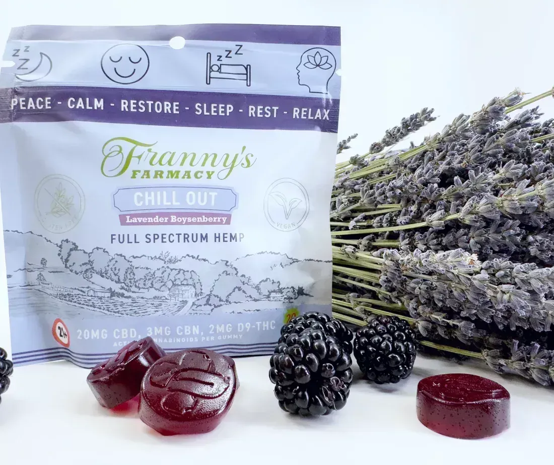 A bag of Franny's Farmacy chill out lavender blackberry vegan CBD and CBN gummies