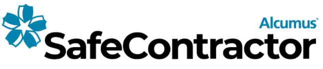 Logo for SafeContractor by Alcumus, featuring a blue floral graphic and black text.