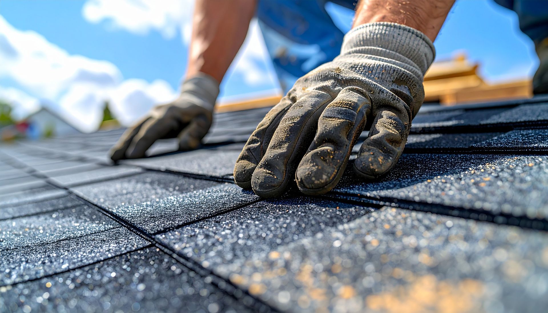 Loved hands installing asphalt shingles on a roof under clear blue sky Loved hands installing asphalt shingles on a roof under clear blue sky