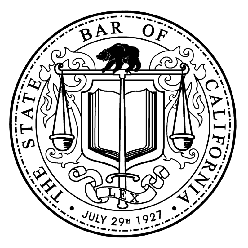 The State Bar of California seal. A bear atop a book, flanked by scales and the words 