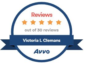 Victoria L. Clemans Avvo reviews: Five stars, out of 30 reviews. A blue and white badge displays the law firm's name.