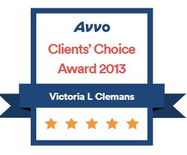 Avvo Clients' Choice Award 2013 for Victoria L. Clemans; features a blue and white design with five stars.