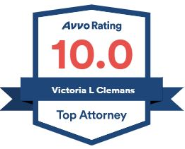 Avvo rating badge for Victoria L. Clemans, a top attorney with a 10.0 rating. The badge is blue and white with a red 