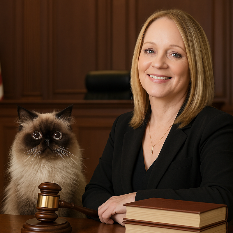 Blonde woman and fluffy cat seated at a judge's bench. The cat holds the gavel, and the woman smiles.