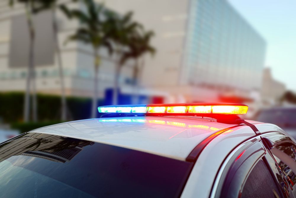 Police car with flashing red and blue lights atop, in front of a blurred building and palm trees.