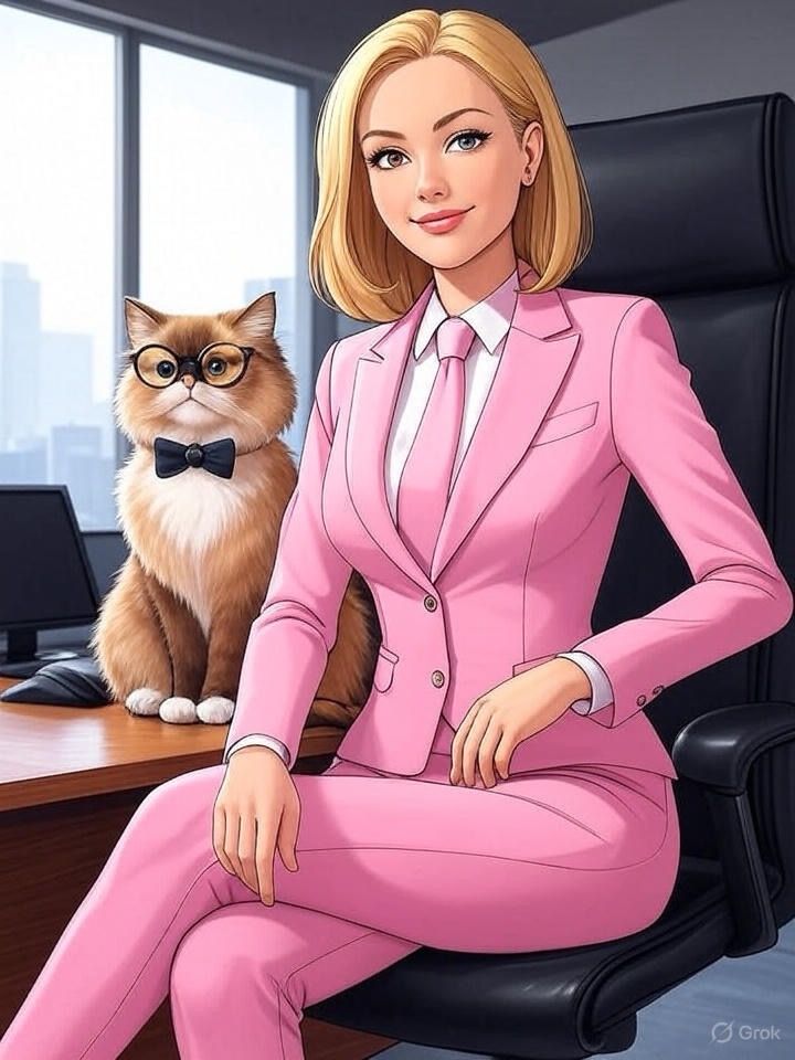 Woman in pink suit sits at desk with a cat wearing glasses and a bow tie. Office setting with city view.
