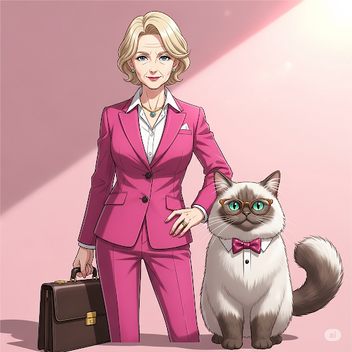 A woman in a pink suit stands next to a cat wearing glasses and a bow tie. They are on a pink background.
