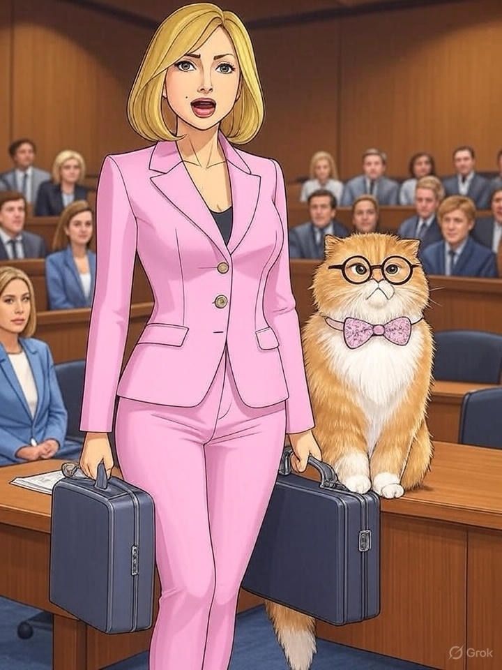 A blonde woman in a pink suit and a cat wearing glasses and a bow tie stand in a courtroom, holding briefcases.