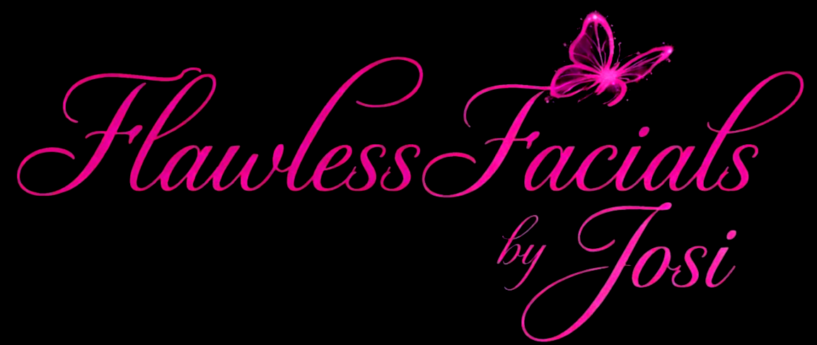 Pink script logo reading &ldquo;Flawless Facials by Tosi&rdquo; with a butterfly on a black background