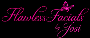 Pink script logo reading &ldquo;Flawless Facials by Tosi&rdquo; with a butterfly on a black background