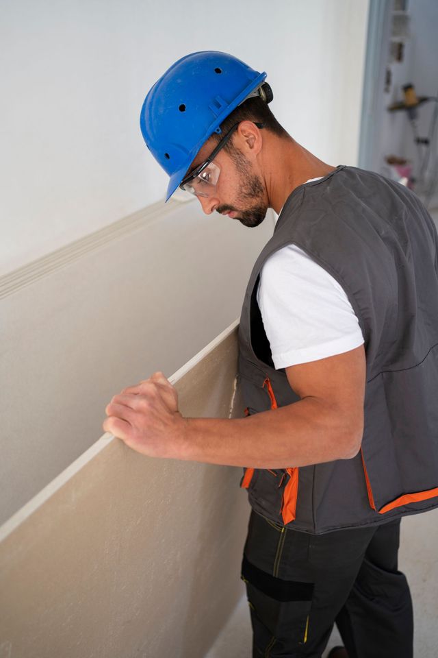 a man wearing a hard hat and safety glasses is holding a piece of drywall .