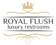 The logo for royal flush luxury restrooms has a crown on it.