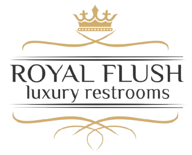 The logo for royal flush luxury restrooms has a crown on it.