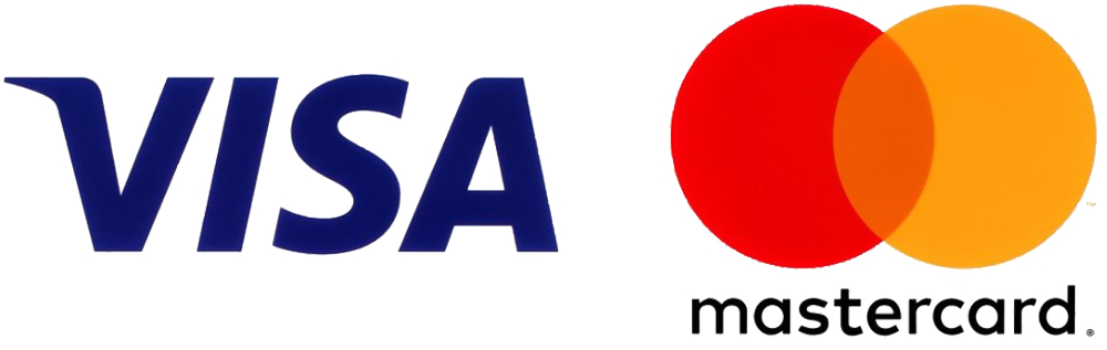 Visa and Mastercard logos side by side. Visa is dark blue. Mastercard is two overlapping circles, red and orange.