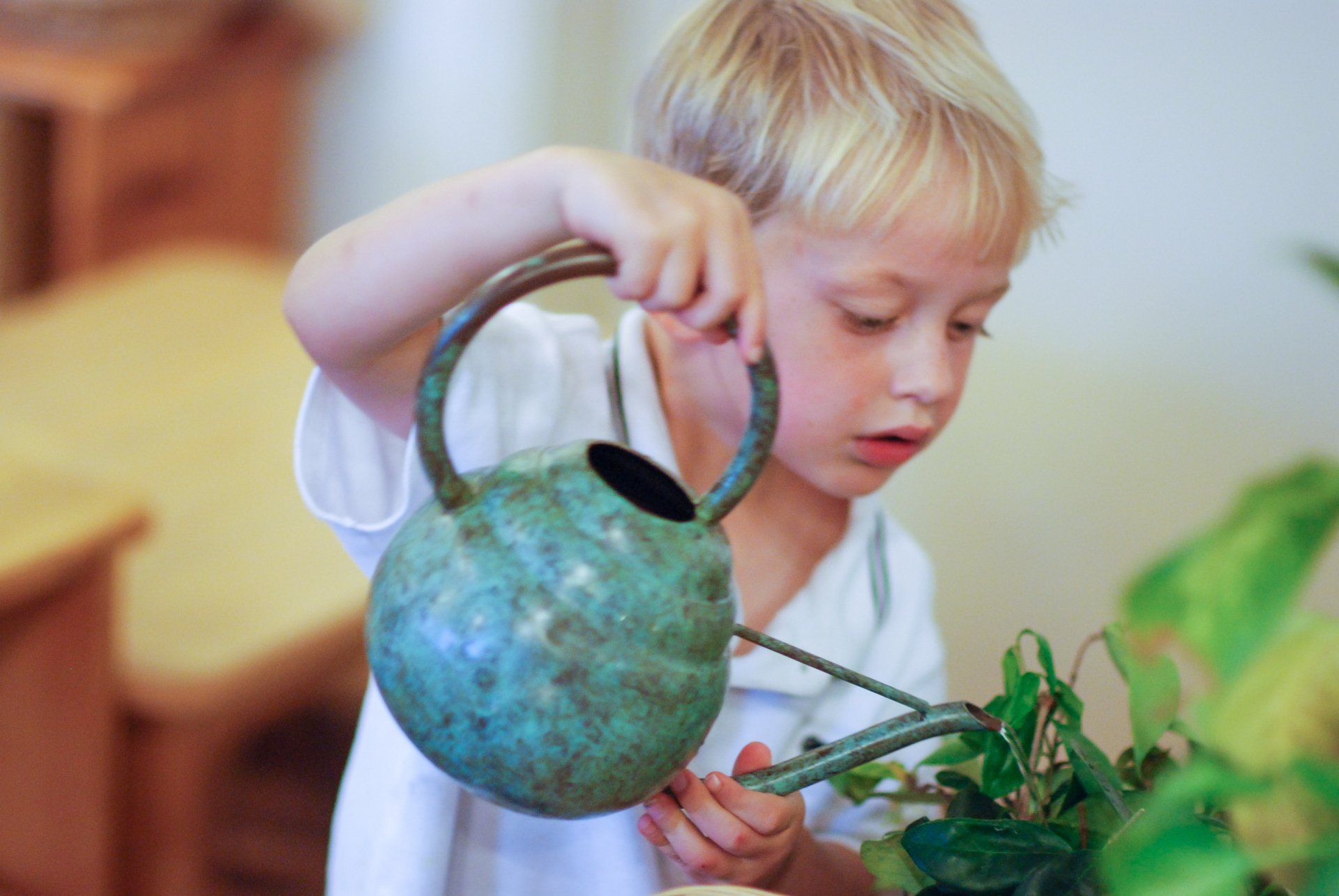Child watering plants
