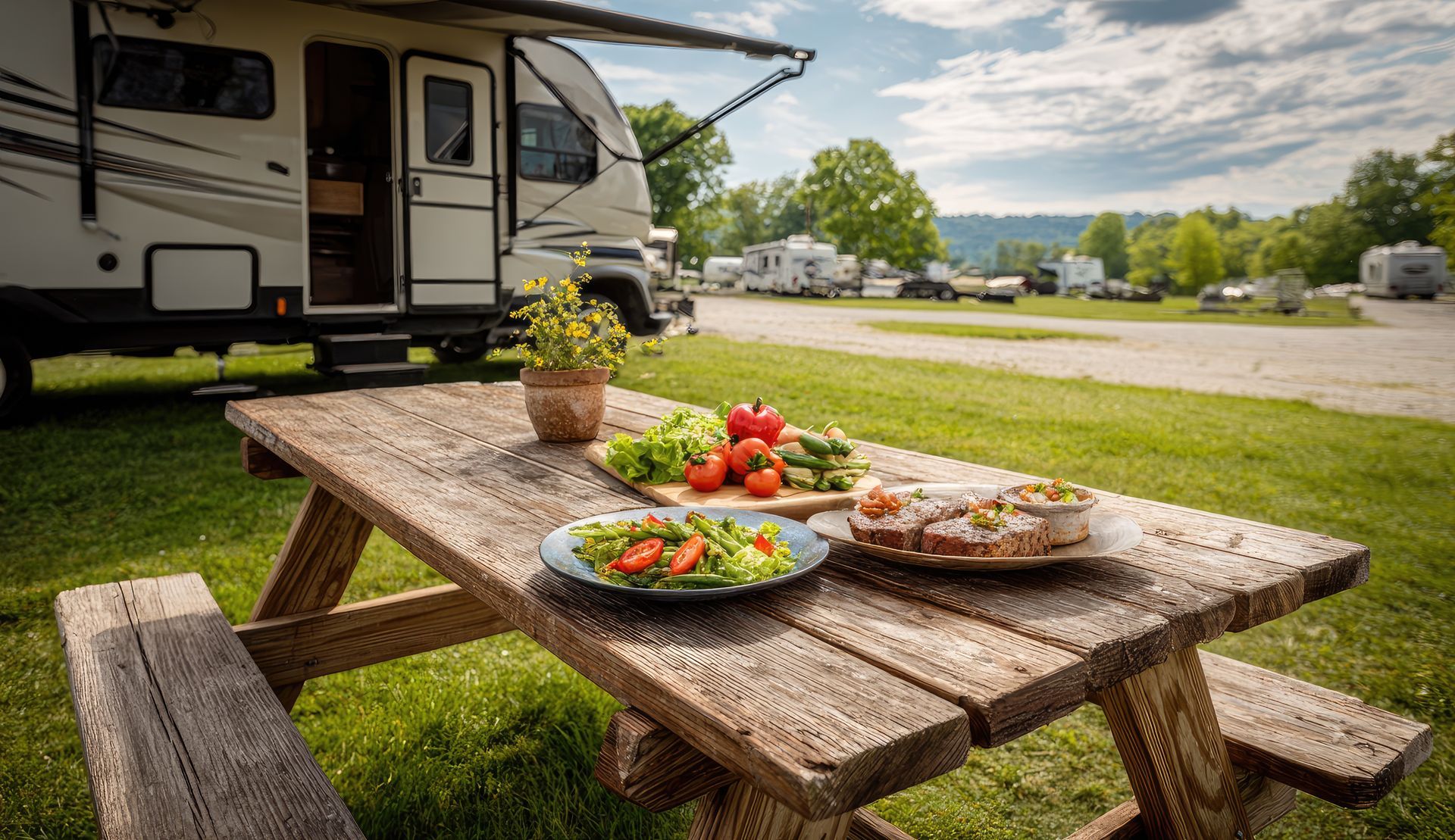 Rustic picnic table with food beside an RV at a campsite on a sunny day