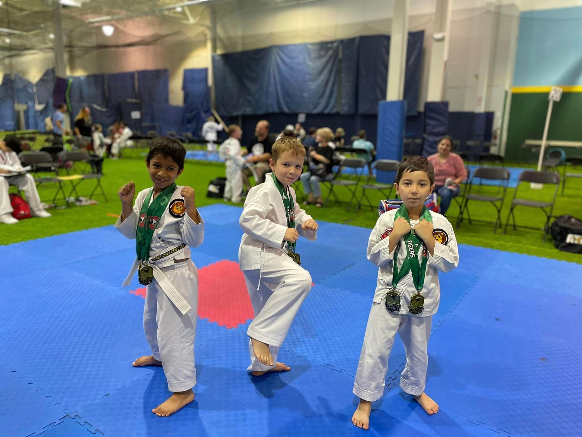 Three young boys are standing on a karate mat in a gym with medals around their necks.