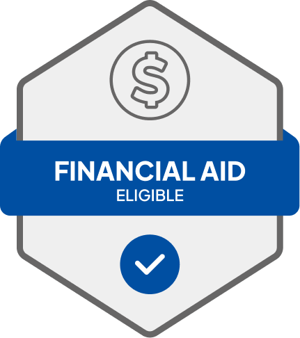 Badge: Financial Aid Eligible, blue banner, building icon, dollar sign.