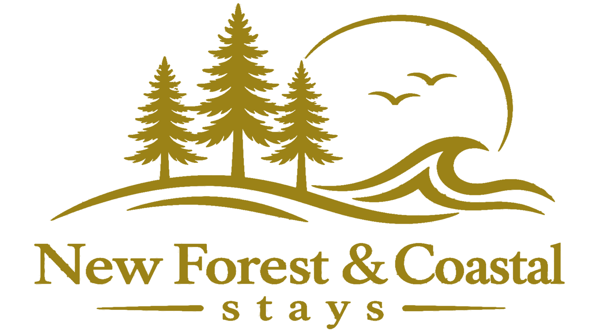 New Forest & Coastal Stays logo with golden trees, waves, sun and birds