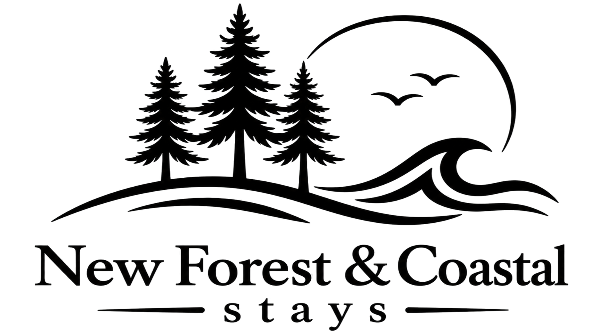 Logo for New Forest & Coastal Stays with pine trees, waves, birds, and a sun circle
