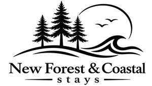 Logo for New Forest & Coastal Stays with pine trees, waves, birds, and a sun circle