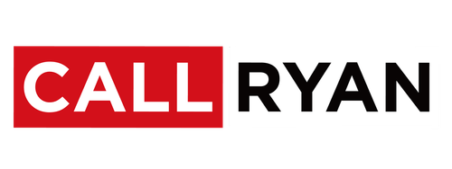 A red and black logo for call ryan on a white background.