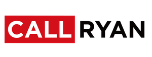 A red and black logo for call ryan on a white background.