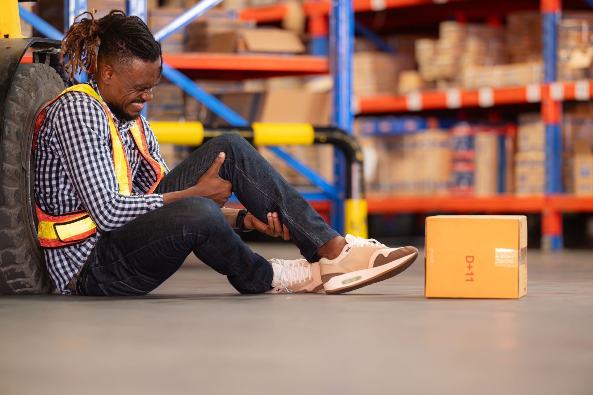 A man is sitting on the floor in a warehouse with his knee in pain.