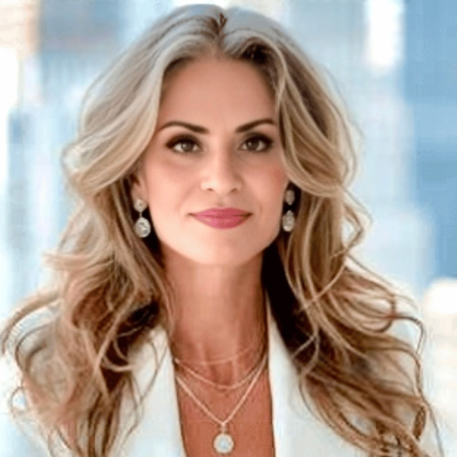 A woman is wearing a white jacket and a necklace.