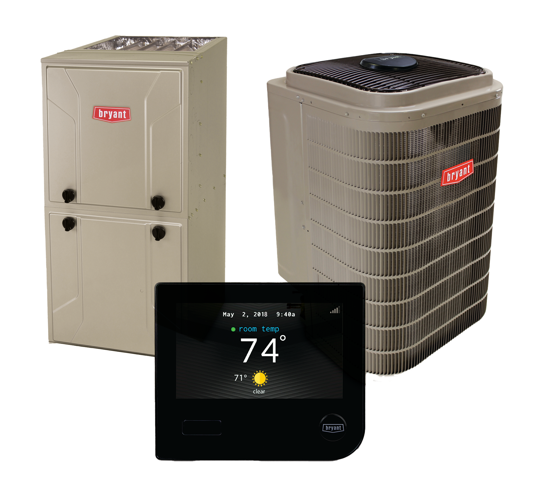 There are three different types of air conditioners and a thermostat.
