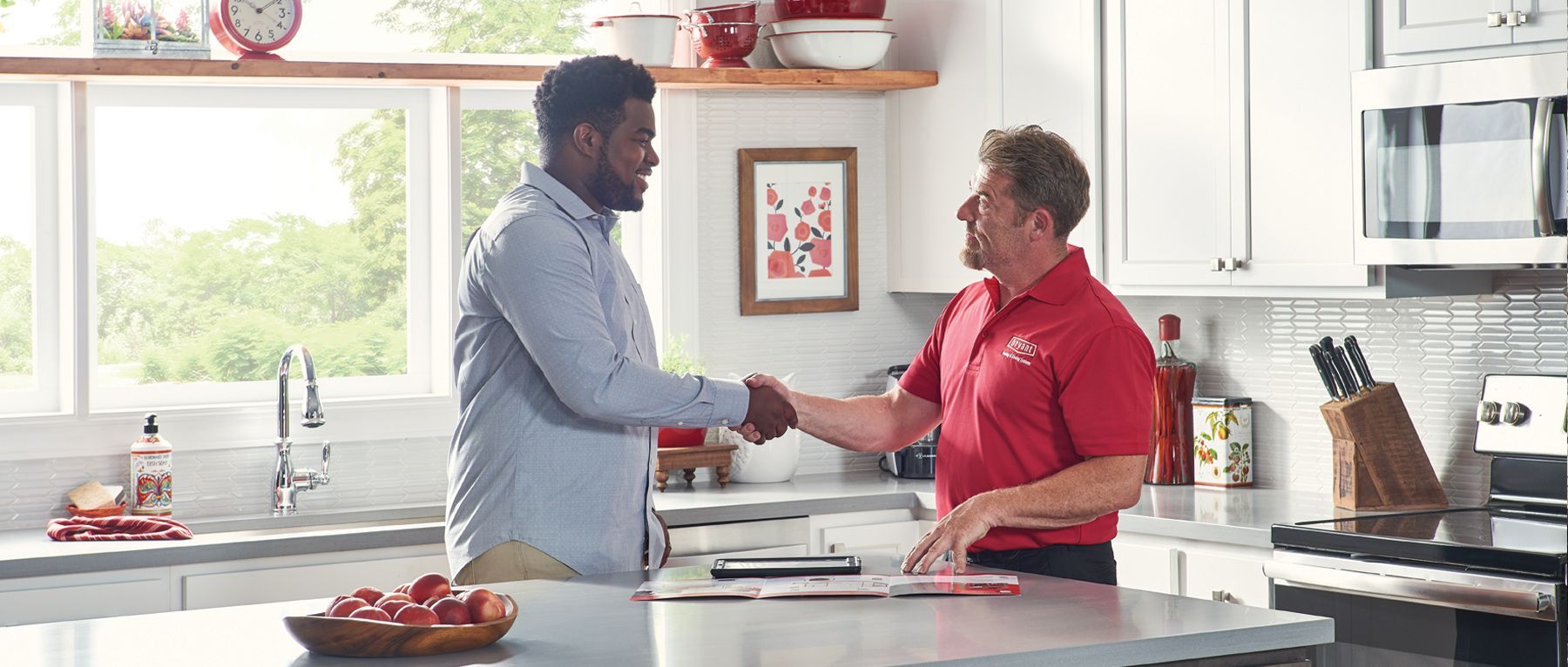 Two men are shaking hands in a kitchen.