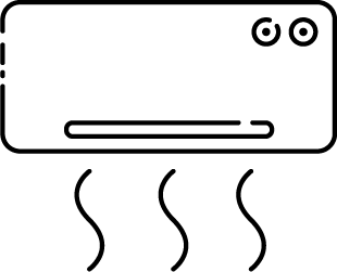 A black and white drawing of an air conditioner with steam coming out of it.