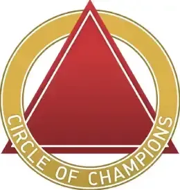 A circle of champions logo with a red triangle in the center