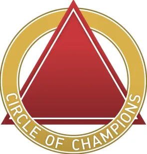 A circle of champions logo with a red triangle in the center