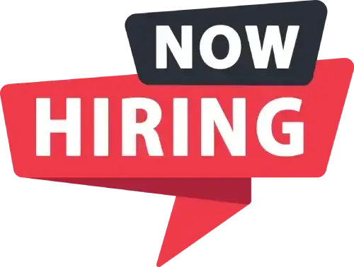 A red sign that says `` now hiring '' on a white background.