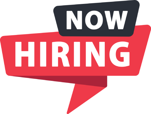 A red sign that says `` now hiring '' on a white background.