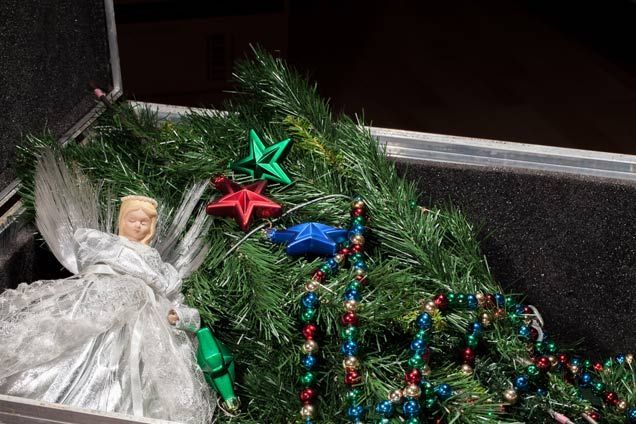 A box filled with christmas decorations and a christmas tree.