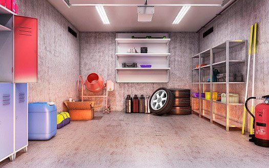 A garage filled with lots of shelves and tires.