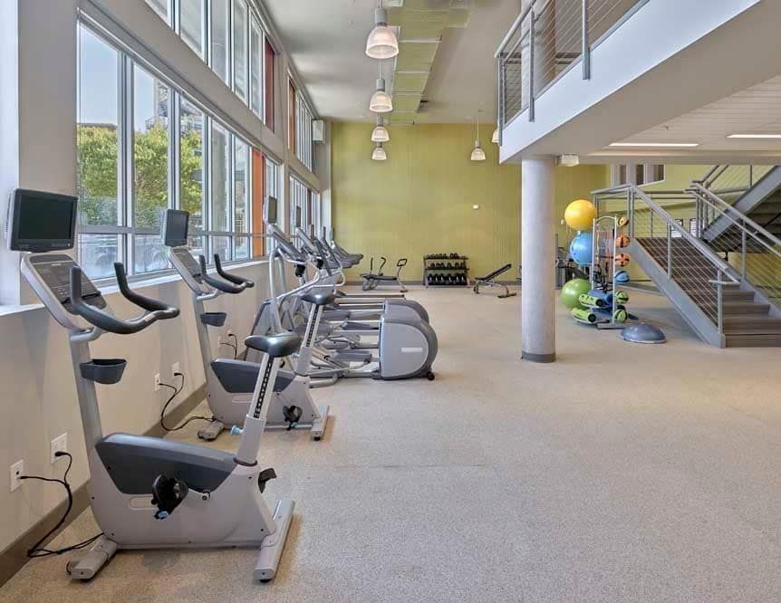 Fitness center at The Maverick in Burien, WA.