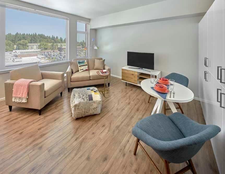 Living room at The Maverick in Burien, WA.
