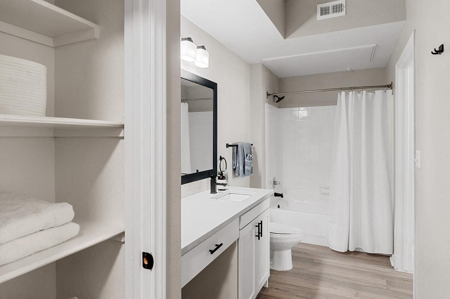 Modern bathroom with a sink, mirror, and bathtub at Villas of Vista Ridge in Lewisville, TX.