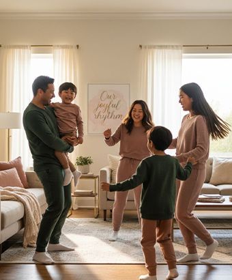 Family of five dancing in a well-lit living room, wearing matching loungewear.