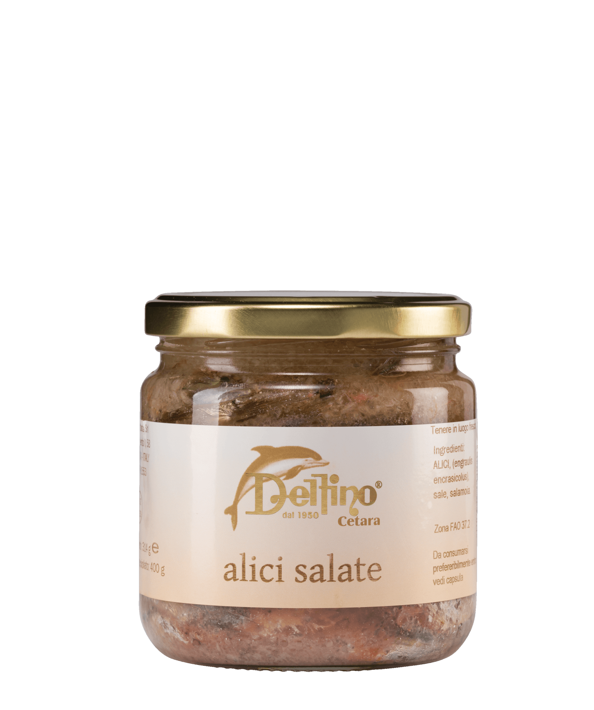 Un barattolo di delfino alici salate su uno sfondo bianco