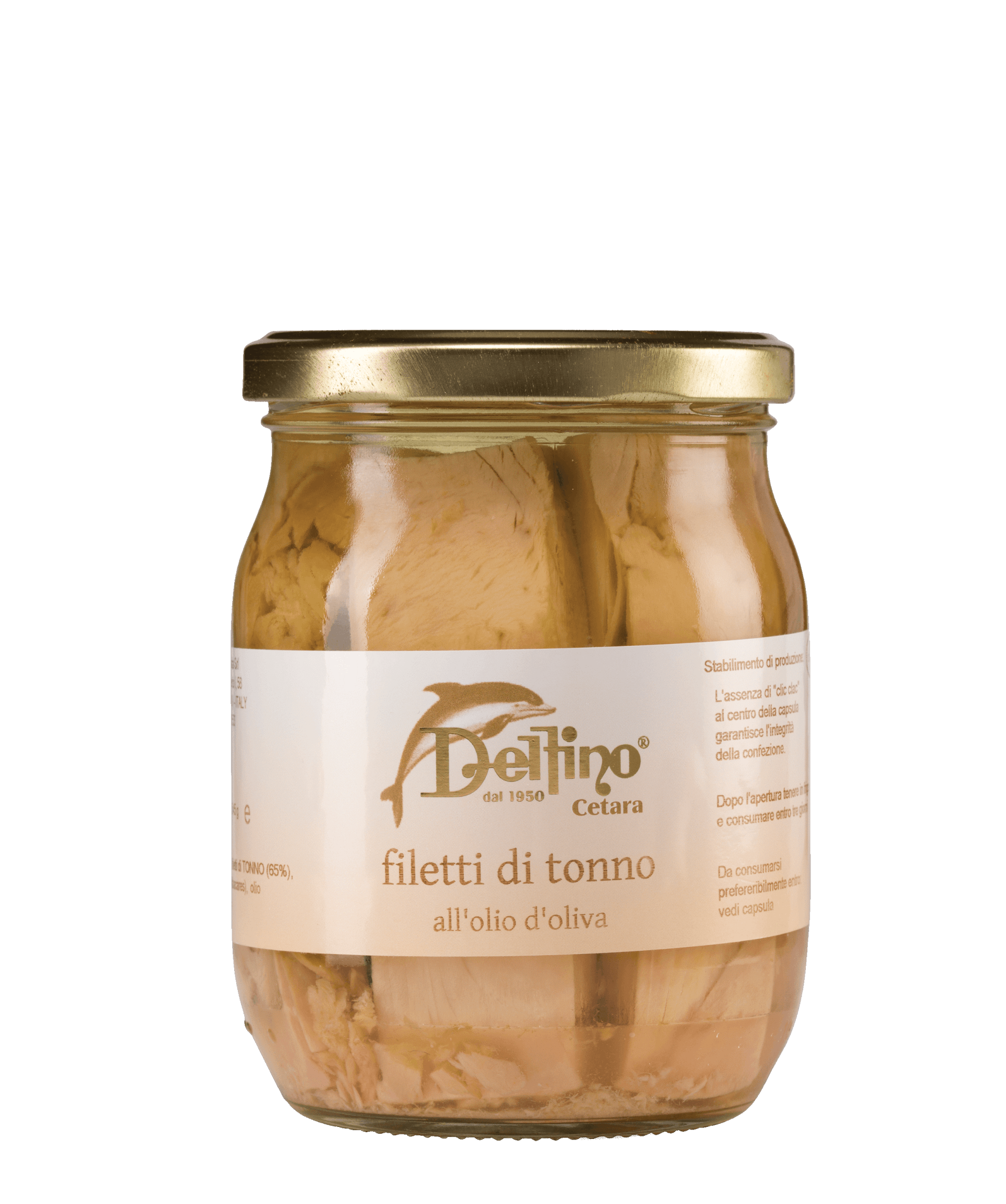 A jar of delfino filetti di tonno sits on a white surface
